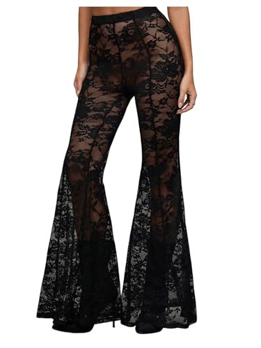 Verdusa Women's Sheer Lace High Waist Flared Leg Pants Bell Bottom Lightweight Summer Outfit