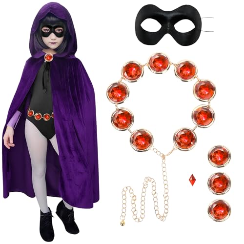 REECHO Kids Halloween Costume Raven Hooded Purple Cape with Adjustable Red Gemstone Waist Chain for Kids Halloween Cosplay