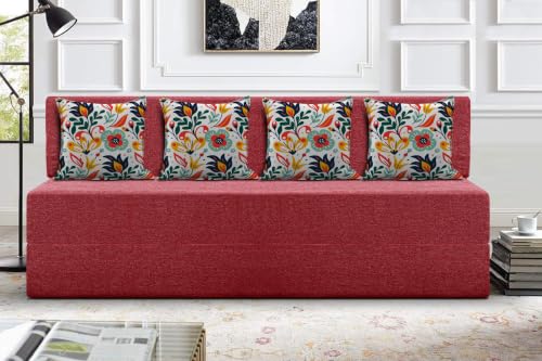 Image of Los Angeles Foldable Four Seater Sofa Cum Bed, Sofa Bed 6 X 6 Feet Jute Fabric Washable Cover- Including Cushion Perfect for Living Room - Red