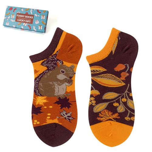 NxnChc Lustige Kurz Socken Für Damen Und Herren Unisex Viele Eichhörnchen Motive Tier Essen Obst Sport Kunst Aus Baumwolle Geschenk Asymmetrische Muster Links Und Rechts