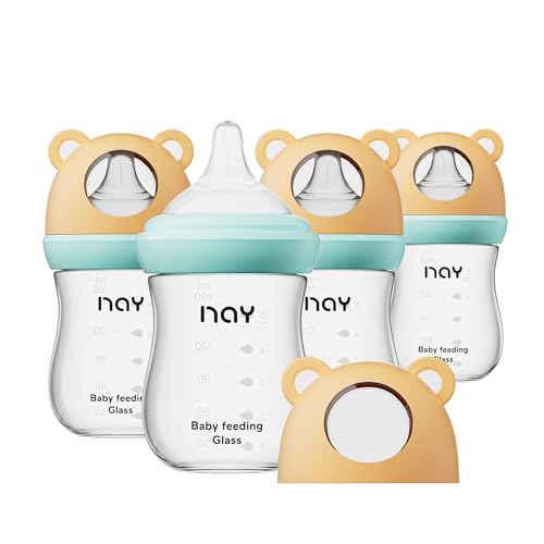 Image of yanyoyo Natural Glass Baby Bottle for Breastfeeding Babies, 5.4oz Anti-Colic Baby Bottle with Natural Response Nipple(S), Clear, Wide Neck, 4 Pack, 1 Months+