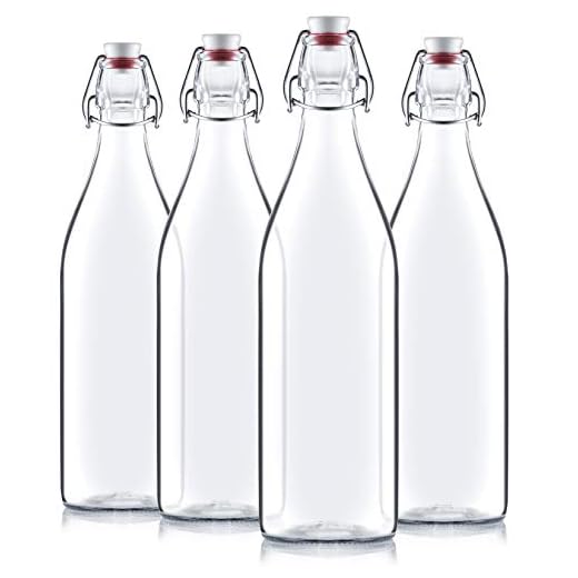 Bormioli Rocco Giara Clear Glass Bottle With Stopper [Set of 4] Swing Top Bottles Great for Beverages, Oil, Vinegar | 33 3/4 oz