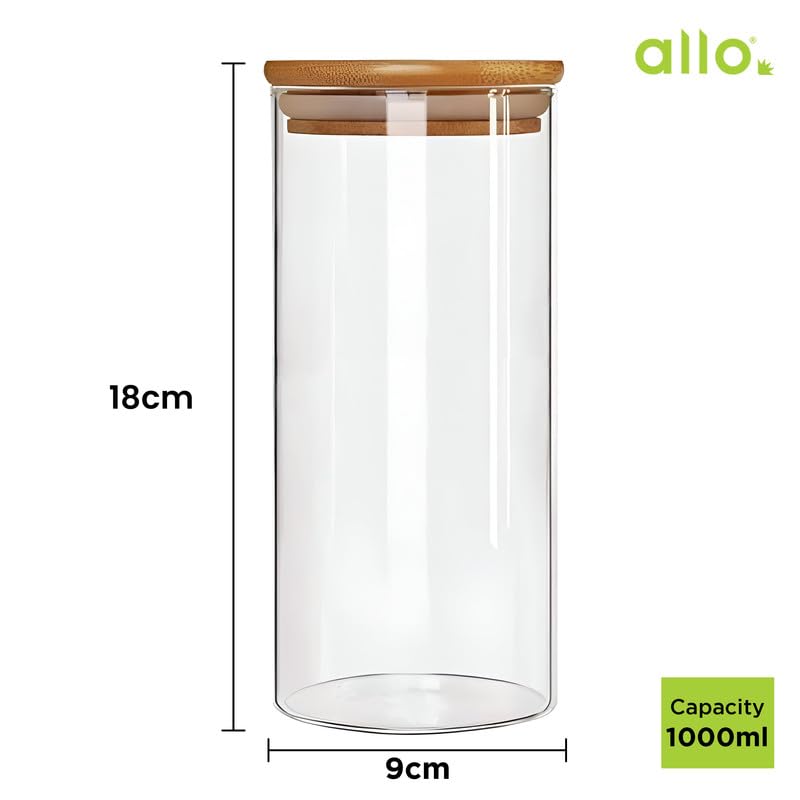 Image of Allo 1000ML Kitchen Storage Box Glass Jars With Wooden Lids - Borosilicate Glass Food Storage Containers Airtight Glass Jar for Tea, Coffee, Spice, Pulses, Masala (Round Glass Jar - Set of 1)