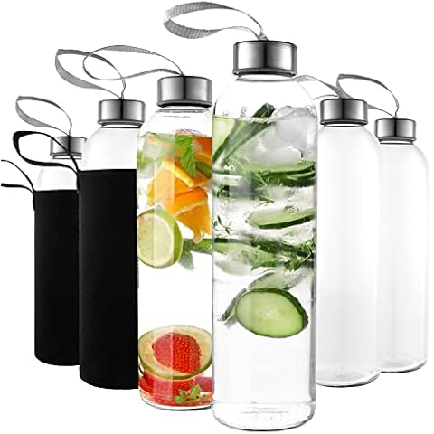 Kitchen Lux 24oz Glass Water Bottles – Pack of 12 - Nylon Protective Sleeves, Airtight Screw Top Lids, Portable Carrying Loops - Lead, PVC and BPA Free - Water, Smoothie, Juicer, and Beverage Glasses Cover