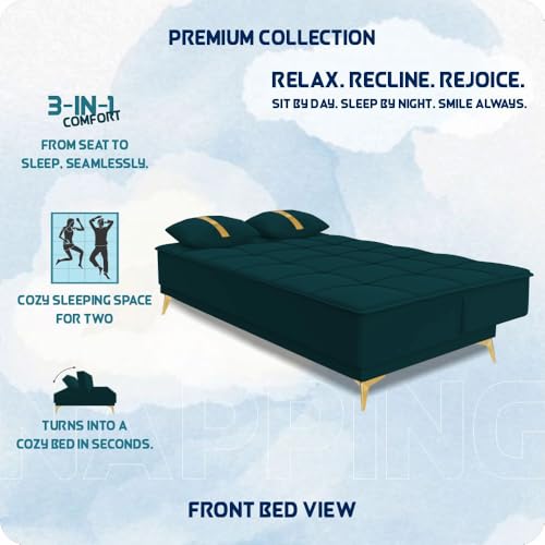 Image of Adorn India Premium New Alyssum 3 Seater Sofa Cum Bed 4X6 Velvet Suede with 2 Cushions (Color Ocean Blue) and Suitable for All Indoor, with 3 Years Warranty