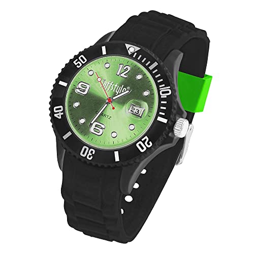 Taffstyle Damen Herren Sportuhr Armbanduhr Silikon Sport Ziffernblatt mit Datum Analog Quarz Farbige Bunte Uhr Schwarz Grün