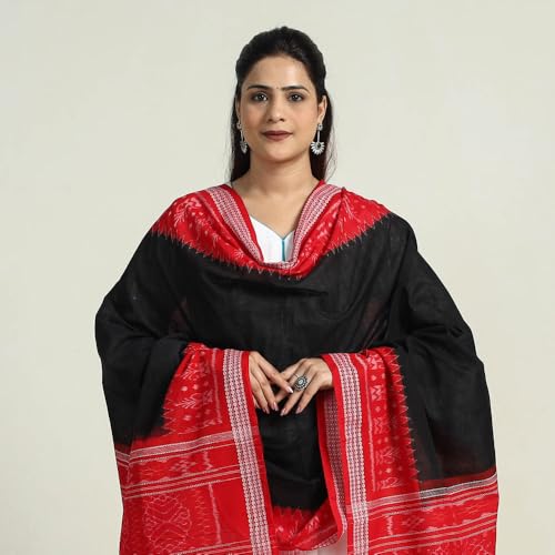 Image of Cotton Dupatta with weaving and Ikat woven border from the Weavers Stole for Girls & Women