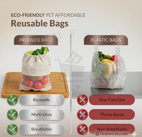 Image of QONETIC 8 Pcs Cotton Vegetable Cloth Bag for Fridge, Fruit and Vegetables Storage Bags for Refrigerator, Fridge storage bags Reusable and Washable Muslin Produce Bags with Drawstring Veg Bags