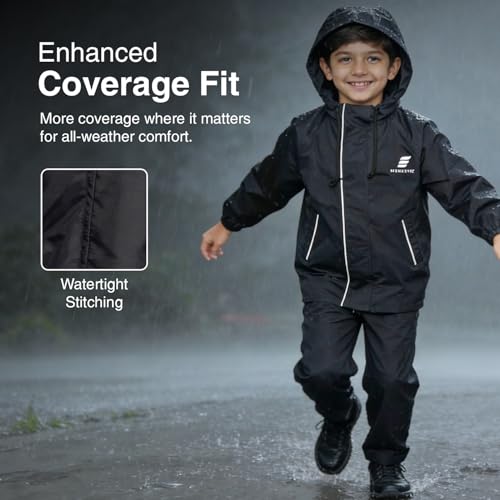 Image of Amazon Brand - Symactive Raincoat for Kids | Waterproof Jacket and Pant Set | Polyester with PVC Coating | Seam Sealed | High Neck Hood | Reflective Branding | Black, 8 to 10 Years