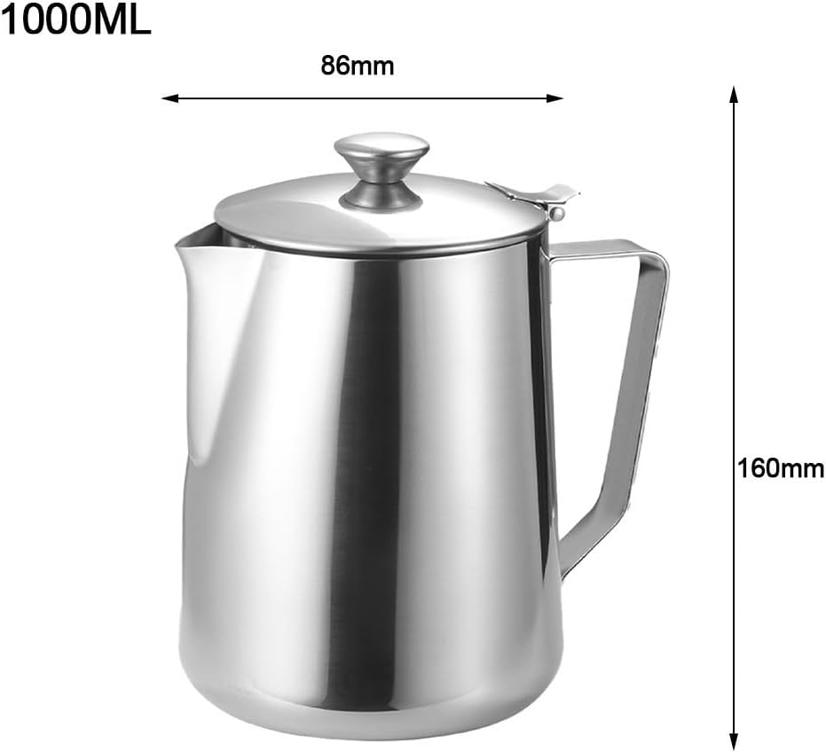 Stainless Steel Milk Frothing Pitcher and Espresso Cup with Lid, for Barista Tool for Latte Art, Cappuccino and Coffee Making, 350ml to 2000ml(1000ml)