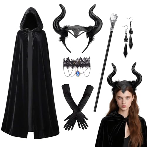 Tankermo 6 Stück Teufel Kostüm Damen Halloween Set,Schwarze Umhang mit Kapuze,Stab Teufelshörner Ohrringe Gothic Halskette Handschuhe für...
