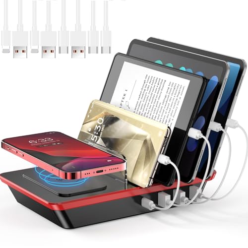 Charging Station for Multiple Devices, 5 Port Multiple USB Charger Station Organizer, Charging Dock, Multi Chargers for iPhone, iPad, Samsung, Tablets, Cellphone, Kindle, Cables Included