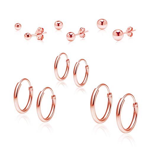 Big Apple Hoops - Rose Gold Plated Sterling Silver Hoop Stud Earrings 10mm, 12mm, 14mm Hoops and 3mm, 4mm, 5mm Ball Studs, Set of 6 Pairs