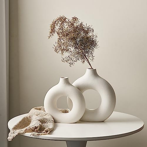White Ceramic Vase Set Of 2 For Modern Home Decor, Round Boho Donut Vase With Pampas Grass, Neutral Minimalist Vase For Dining Room Table Centerpiece Dining Room, Living Room, Wedding Table Decoration #TOP7