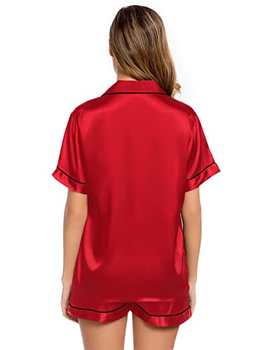Image of LecGee Womens Silk Satin Pajamas Short Sleeve Loungewear Two-Piece Sleepwear Button-Down Pj Set