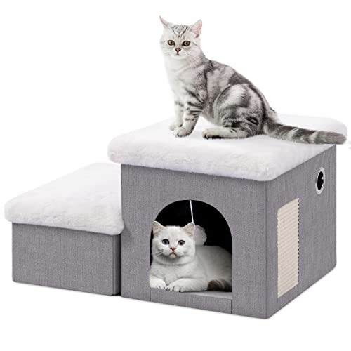 BRIAN & DANY Foldable Cat Bed for Indoor Cats, Cat Stairs for Bed with Storage & Condo, Large