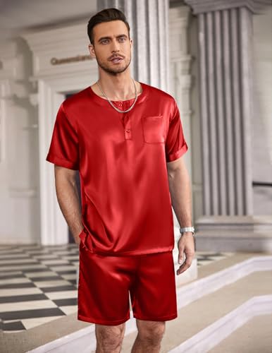 Image of Ekouaer Mens Pajamas Set Silk Satin Pjs Sets Summer Short Sleeve Button Down Sleepwear 2 Piece Loungewear with Pockets