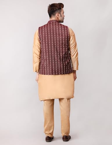 Image of Men's Cotton Silk Blend Regular Kurta Pyjama, Embroidered Nehru Jacket /Waistcoat Set
