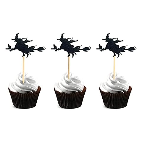 Arthsdite 24Pcs Witch Cupcake Toppers Black Glitter Halloween Party Decorations Halloween Cupcake Picks Birthday Cake Decoration Supply Cover