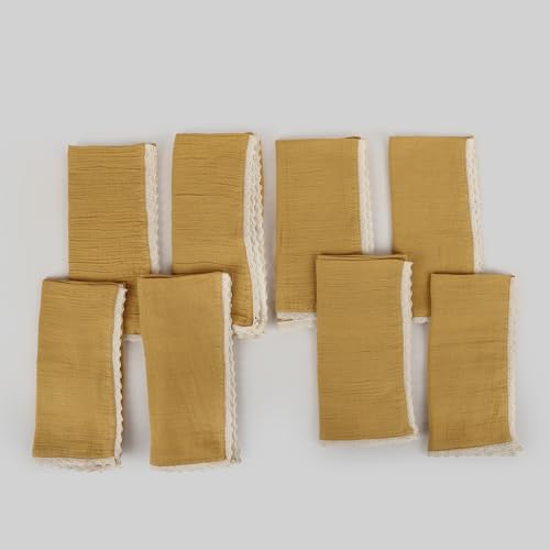 Image of FINGERCRAFT Cloth Napkins Set of 8, 20x20 Inch, Soft Cotton Muslin Dinner Napkins with Lace Edge, Reusable Washable Table Napkins for Wedding, Party, Dining & Home Decor (Gold)