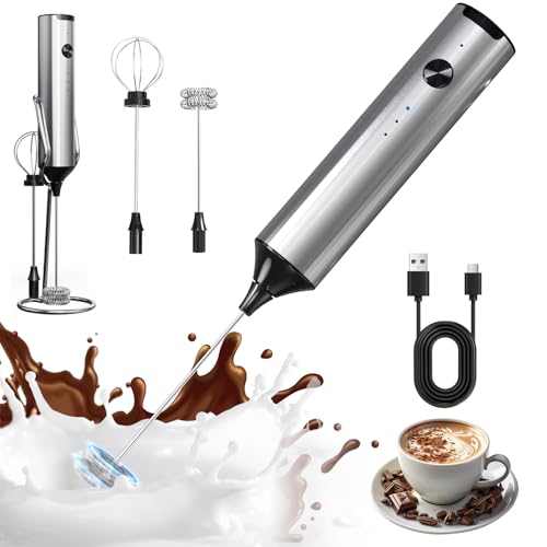 Milk Frother Handheld with Stainless Steel Stand Electric Coffee Frother Foam Maker with 2 Whisk Heads & 3 Speeds Rechargeable 1500 mAh Coffee Mixer for Latte Cappuccino Hot Chocolate Matcha
