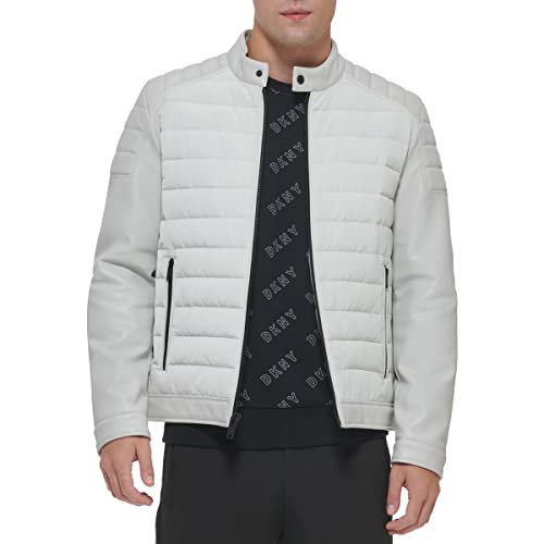 Image of DKNY Men's Mixed Media Faux Leather Puffer Motocross Racer Jacket