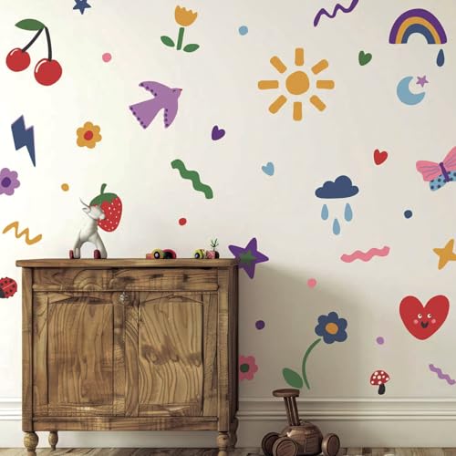 Liwo 56pcs Colorful Rainbow Flowers Fabric Wall Stickers DIY Kids Fun Doodle Decals Removable Nursery for Kids Rooms Living Room Decor Opaque High Coverage Wall Art