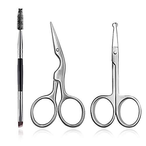 Eyebrow Scissors and Brows Brushes Kit,3 Pcs Stainless Steel Eyebrow Grooming Set, Small Facial Hair Scissors Nose Hair Removal Scissors Beard Trimming Scissors for Women Makeup