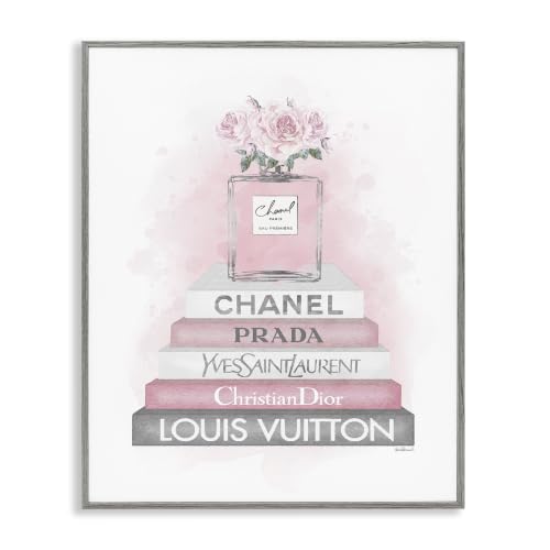Stupell Industries 'Pink Roses Perfume Bottle Glam Fashion Bookstack', Framed Giclee Art, Gray, 24 x 30 Inches, Easy to Hang and Sturdy, Made in USA, by Amanda Greenwood