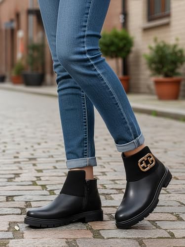Image of ELLE Women's Chic Dual Texture with Gold-Tone Embellishment Ankle Boots