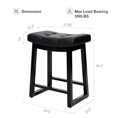 Image of Counter Height Bar Stools Set of 6, 24 Inch Backless Upholstered Leather Counter Stools with Wood Legs, Modern Farmhouse Saddle Stools for Kitchen Island, Home Bar, Black