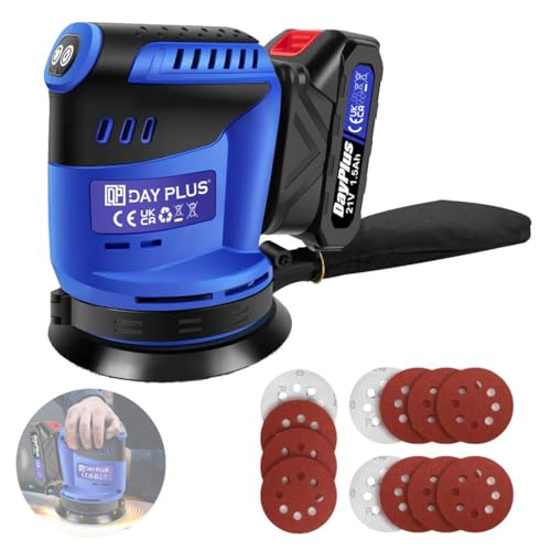 WELAIRICH 21V Cordless Orbital Sander, Random Orbital Sander Brushless with 3 Variable Speeds Cordless Sanding Machine with 360°Rotating Base, 125mm 12pcs Sandpapers for Sanding/Polishing Wood (1.5Ah)