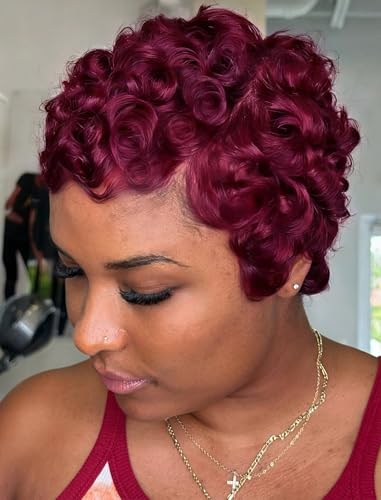 Realloves 99J Burgundy Short Curly Pixie Cut Wig Human Hair