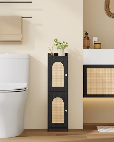 Hzuaneri Bathroom Storage Cabinet Small Corner Floor Cabinet with 2 Doors and Adjustable Shelf Narrow Toilet Paper Cabinets Bathroom Organizer for Small Spaces 7.9D x 7.9W x 29.5H Rattan Black