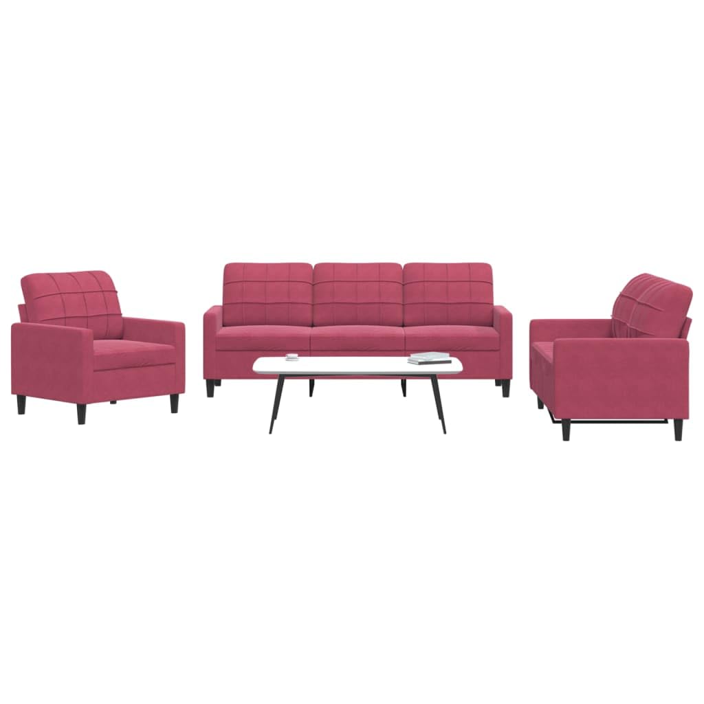 Ensemble de canapé 3 pièces en velours rouge vin avec fauteuil, 2 places et 3 places, avec rembourrage confortable et structure en métal robuste pour des moments de détente