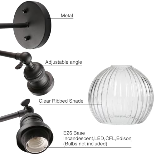 Image of PERMO Vintage Wall Sconce Indoor Adjustable Wall Sconce with Ribbed Globe Glass Shade Black Wall Light Fixtures for Hallway Bathroom Kitchen Living Room