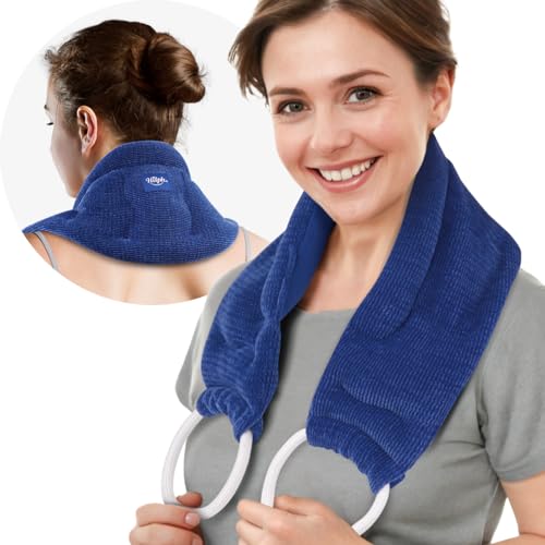 Hilph Almohada térmica extralarga para cuello y hombros con 2 asas ajustables, calor húmedo natural, cojín de huesos de cereza para el cuello, cojín de granos de microondas para aliviar el dolor