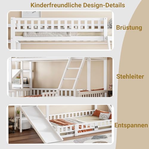NovaFurnish Litera 90x200 y 140x200, barandilla, madera de pino, tobogán, escalones, En747, estantes, puerta extensible, sin colchón, blanco (140x200) - imagen 6