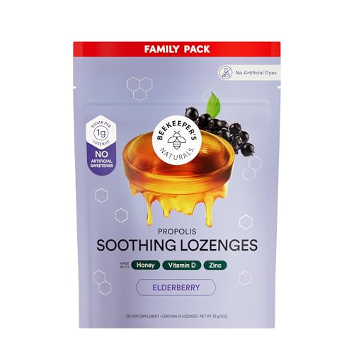Beekeepers Naturals Soothing Honey Elderberry Cough Drops Immune Support with Vitamin D Zinc and Propolis Throat Soothing Lozenges 24 Ct