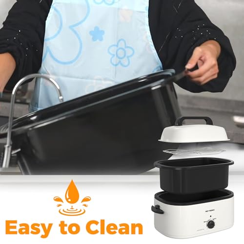 Image of 24Qt Turkey Roaster Oven Buffet with Self-Basting Lid, 1450W Electric Roaster Oven with Cool-Touch Handles, Removable Pan and Rack, Stainless Steel, White