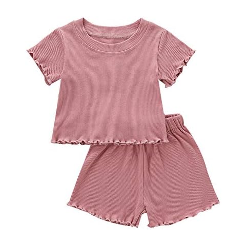 Kupretty 2Pcs Toddlers Baby Girls Summer Clothes Set Ruffle Ribbed Short Sleeves T-Shirt Tops Shorts Comfy Outfits (Pink, 2-3 Years) Cover