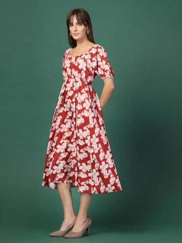 Image of OOMPH! Below Knee Shift Pink Dress in Crepe Fabric with Round Neck and Puff Sleeves - md619l