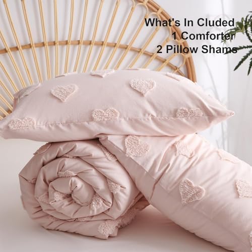 Image of Boho Tufted Comforter Set King Size Pink Heart Tufted Textured Bedding Set 3 Pieces Farmhouse Shabby Chic Embroidery Bed Set Soft Jacquard Comforter for All Season with 2 Pillowcases