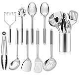 Joyfair Küchenutensilien Set, 10 Stück Edelstahl Küchenhelfer Kochbesteck Set mit Utensilienhalter, Hitzebeständig Kochutensilien mit Pfannenwender zum Kochen und Backen, Rostfrei & Spülmaschinenfest