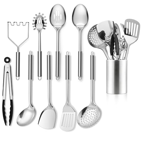 Joyfair Küchenutensilien Set 10 Stück Edelstahl Küchenhelfer Kochbesteck Set mit Utensilienhalter Hitzebeständig Kochutensilien mit Pfannenwender zum Kochen und Backen Rostfrei & Spülmaschinenfest