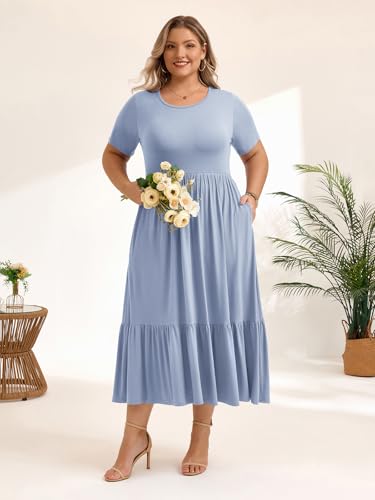 Image of LARACE Plus Size Dresses for Women Summer Casual Short Sleeve Long Dress Flowy Maxi Beach Dresses with Pockets L-6XL