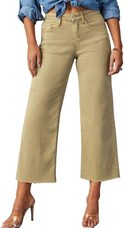 Allimy Women's High Waisted Straight Ankle Wide Leg Ripped Jeans Frayed Hem Stretchy Capri Denim Pants - Image 3