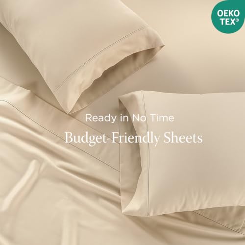 Image of Threadmill 300 Thread Count Cotton King Sheet Set, Sateen, Solid, Beige | 100% Cotton, Sateen Weave, 4-Piece Set, Breathable, All-Season, Lightweight, OEKO-TEX Certified, Machine Washable
