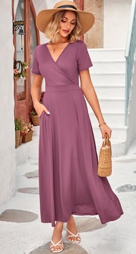 Image of WNEEDU Women's Summer Maxi Dress Short Sleeves Wrap V Neck Long Dresses with Pockets