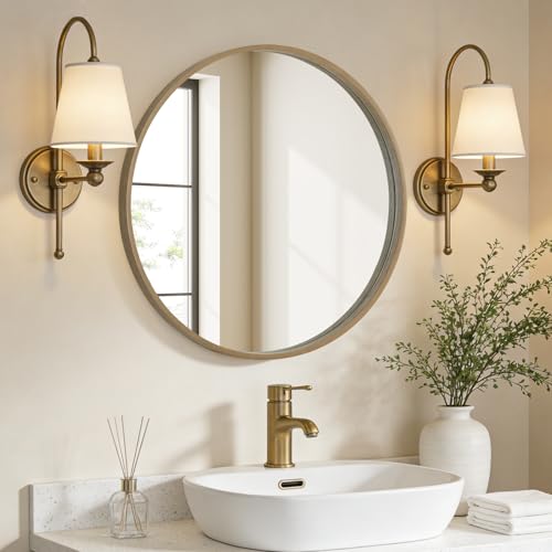Image of WallBeyond Round Wood Mirror 24 inch Circle Wall Mirror for Bathroom Round Wall Mirror for Wall Decor, Vanity, Entryway Living Room, Honey